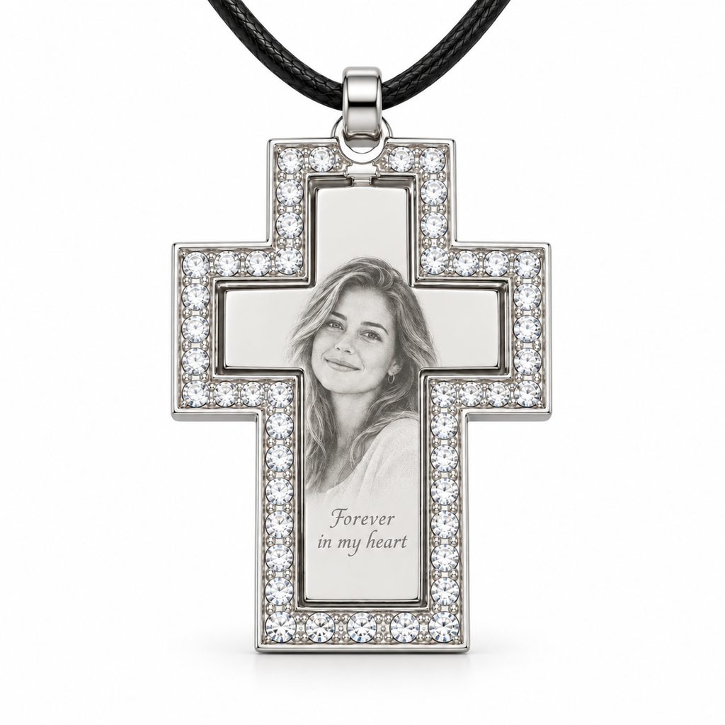 Personalisierter Crystal-Style Kreuzanhänger mit Foto- & Textgravur