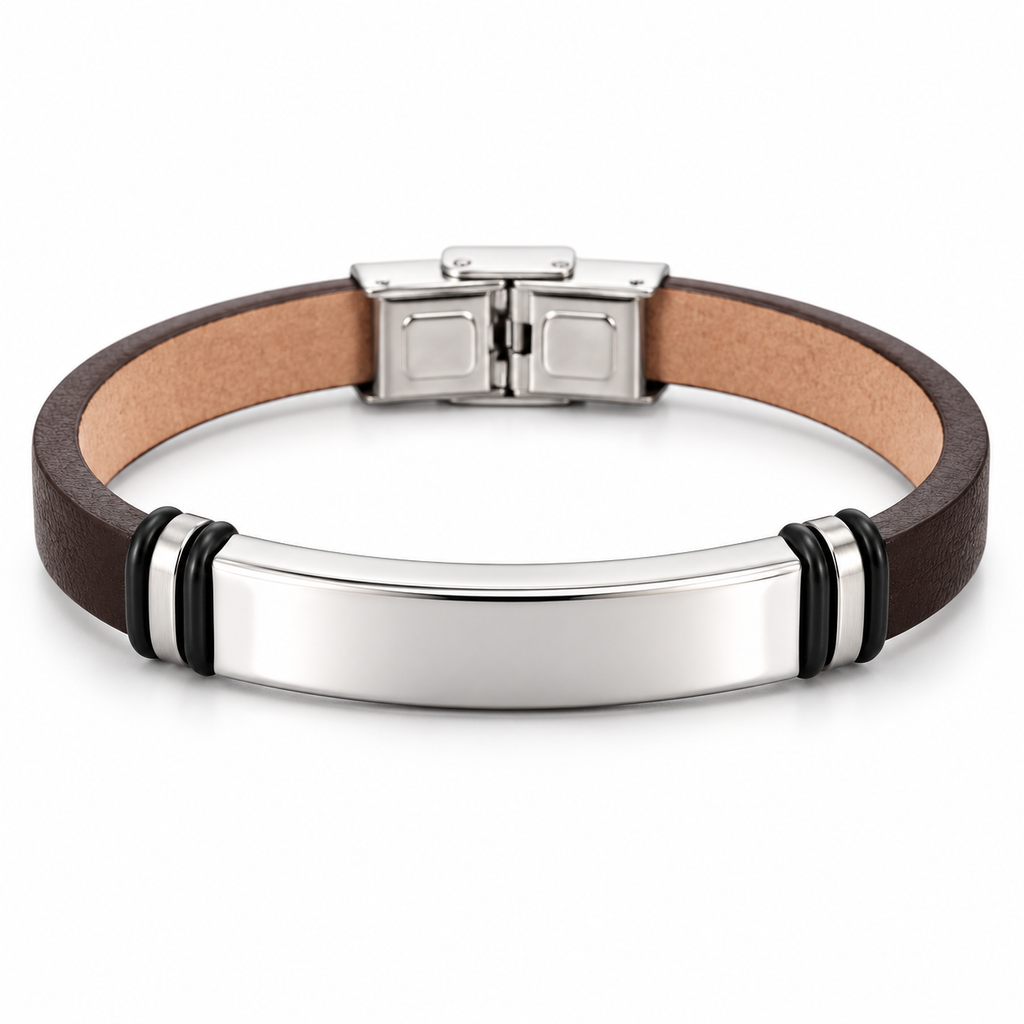 Men's brown smooth leather ID bracelet with blank stainless steel engraving plate