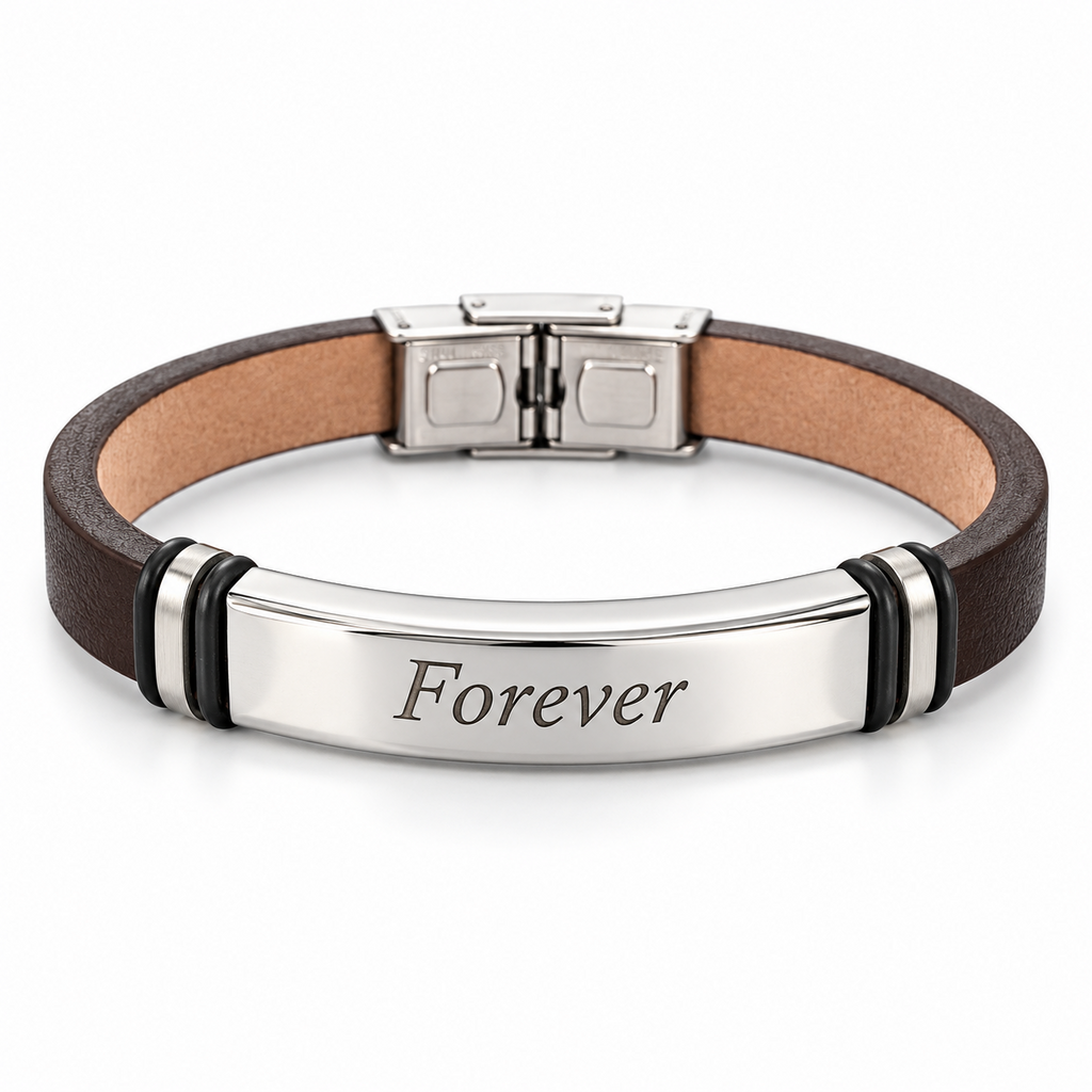 Personalized men's brown smooth leather ID bracelet with text engraving