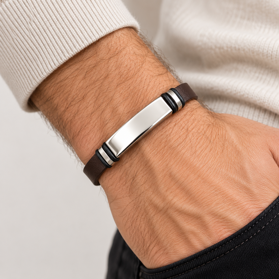 Personalized Men's Smooth Leather ID Bracelet