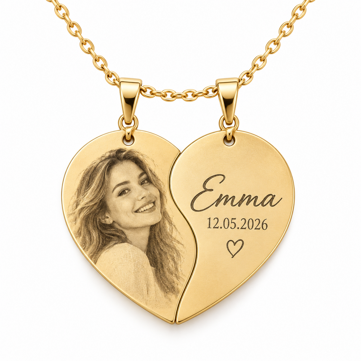 Gold split heart pendant set with chain and photo and text engraving