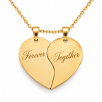 Gold split heart pendant set with chain and personalized text engraving