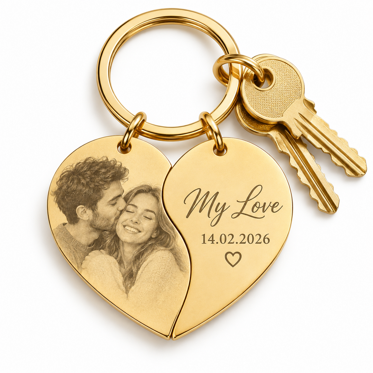 Gold split heart keyring set with photo and text engraving