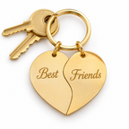 Gold split heart keyring set with personalized text engraving
