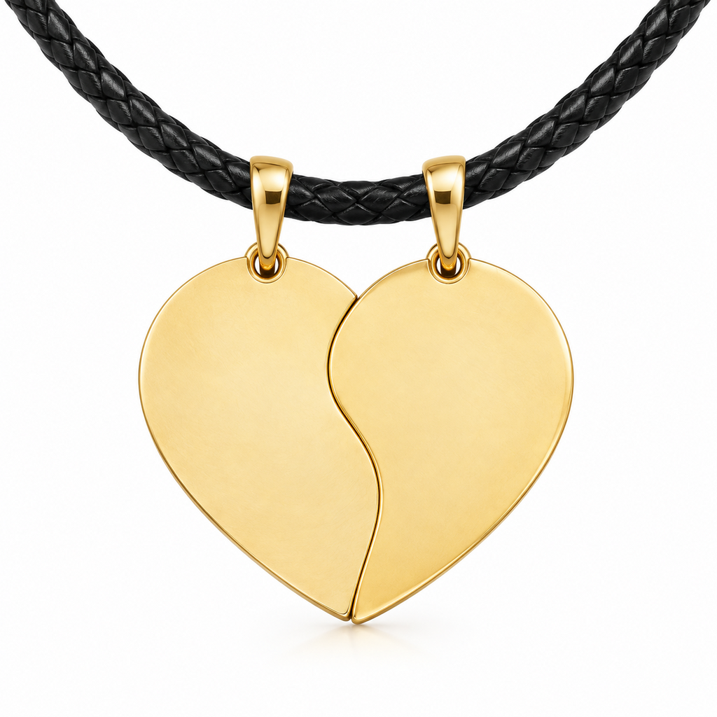 Gold split heart pendant set on black leather cord without engraving