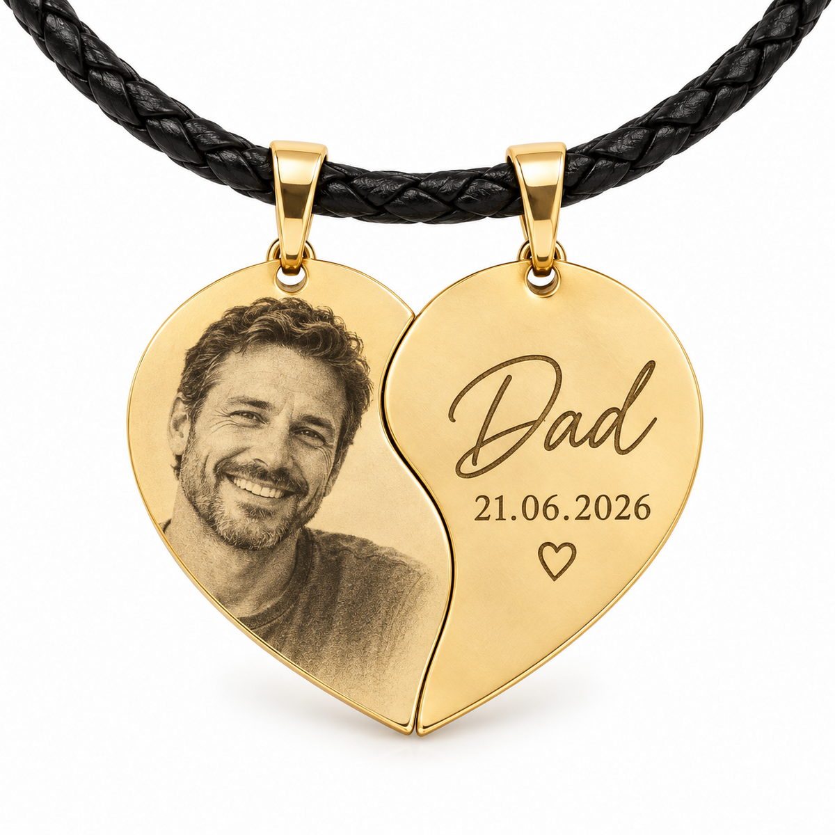 Gold split heart pendant set on black leather cord with photo and text engraving