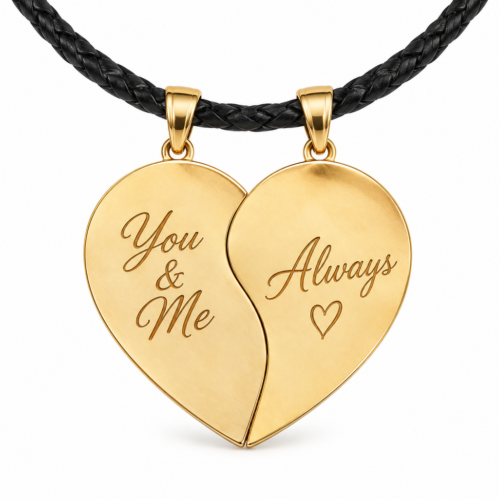 Gold split heart pendant set on black leather cord with personalized text engraving