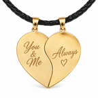 Gold split heart pendant set on black leather cord with personalized text engraving