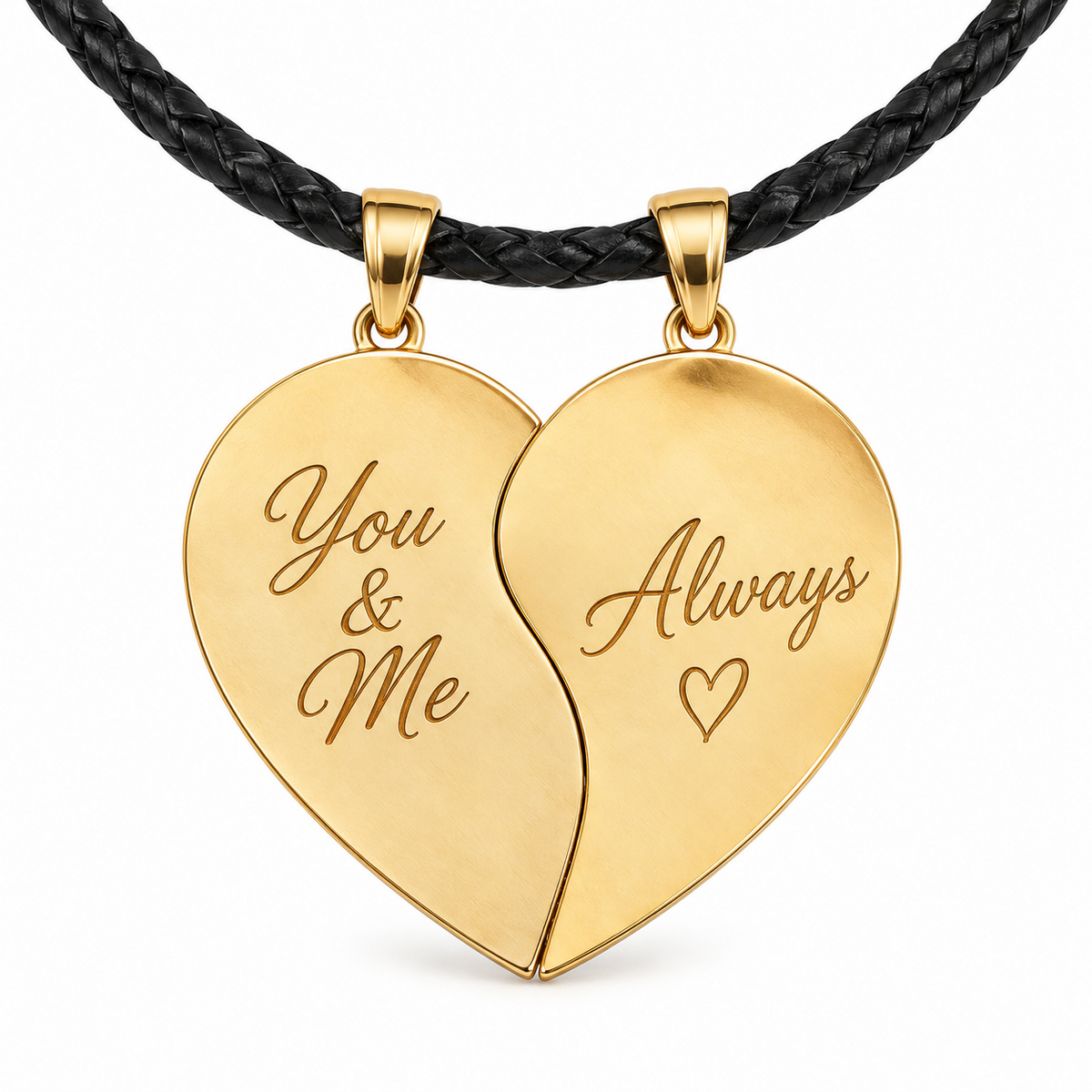 Gold split heart pendant set on black leather cord with personalized text engraving