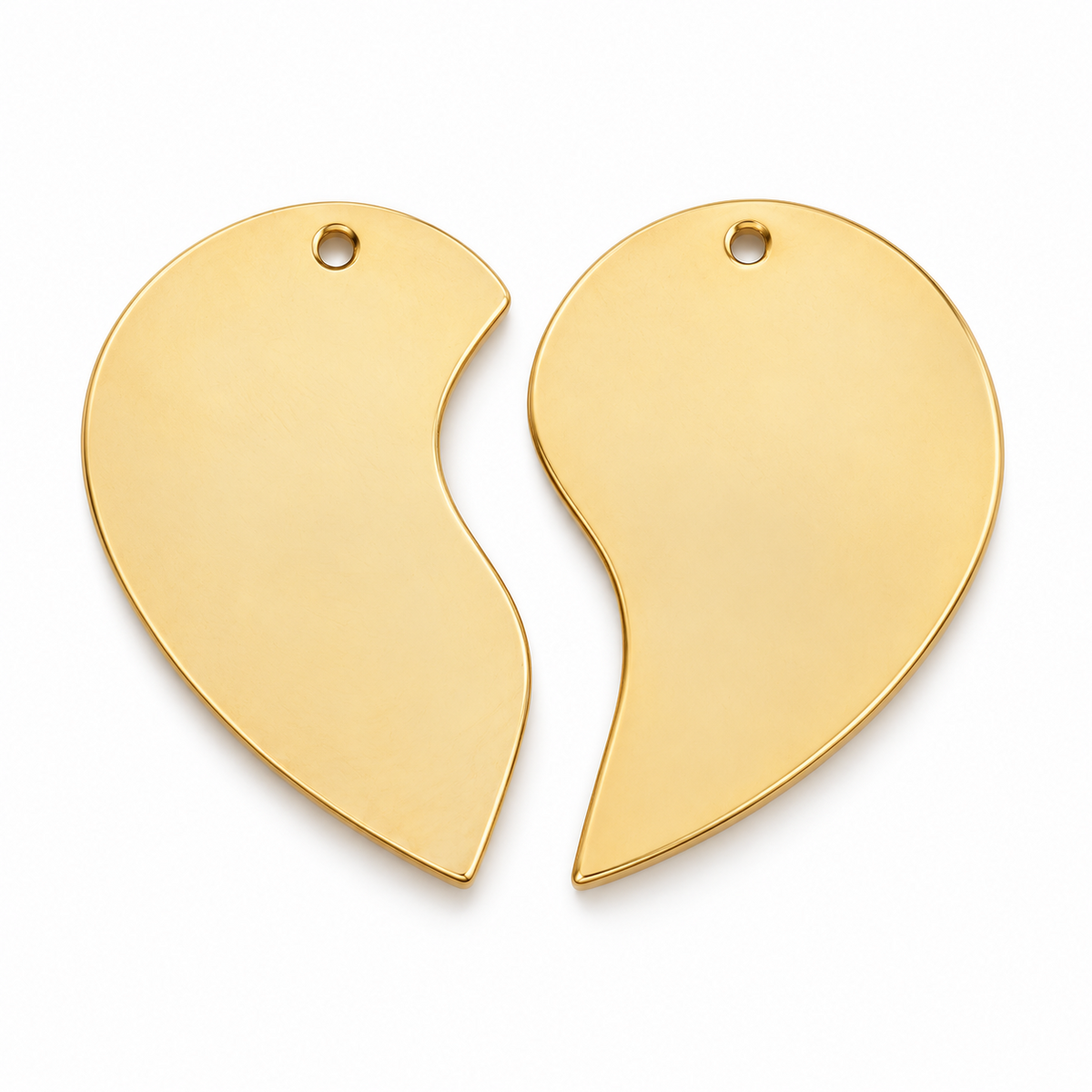 Two blank gold split heart pendant halves for personalization