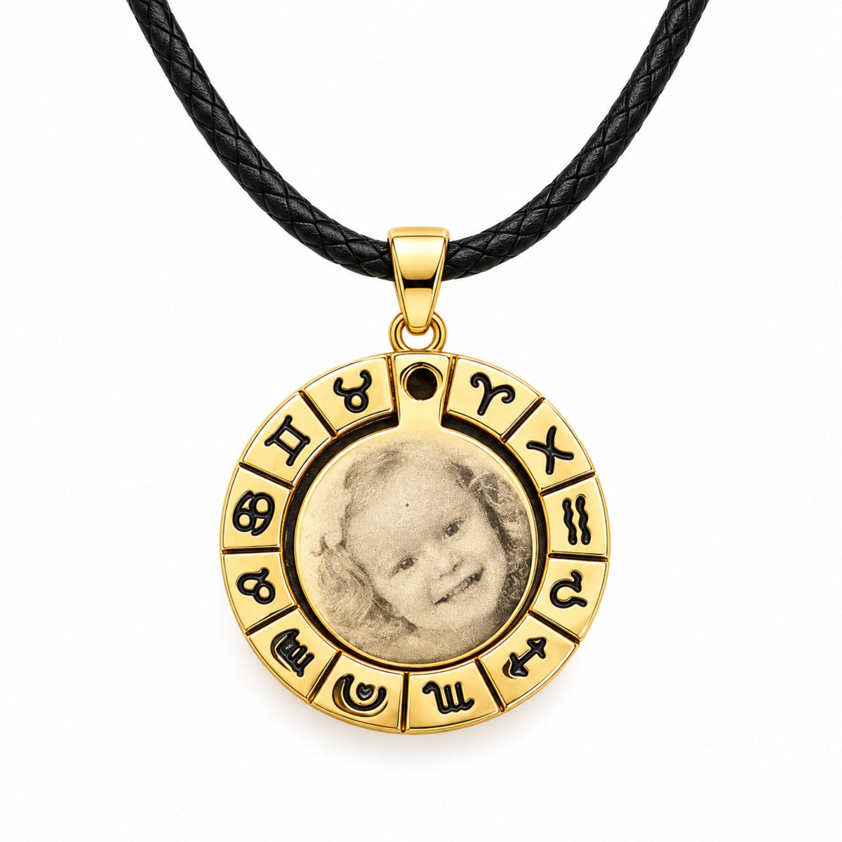 Gold-coloured zodiac pendant with black leather cord and personalized photo engraving