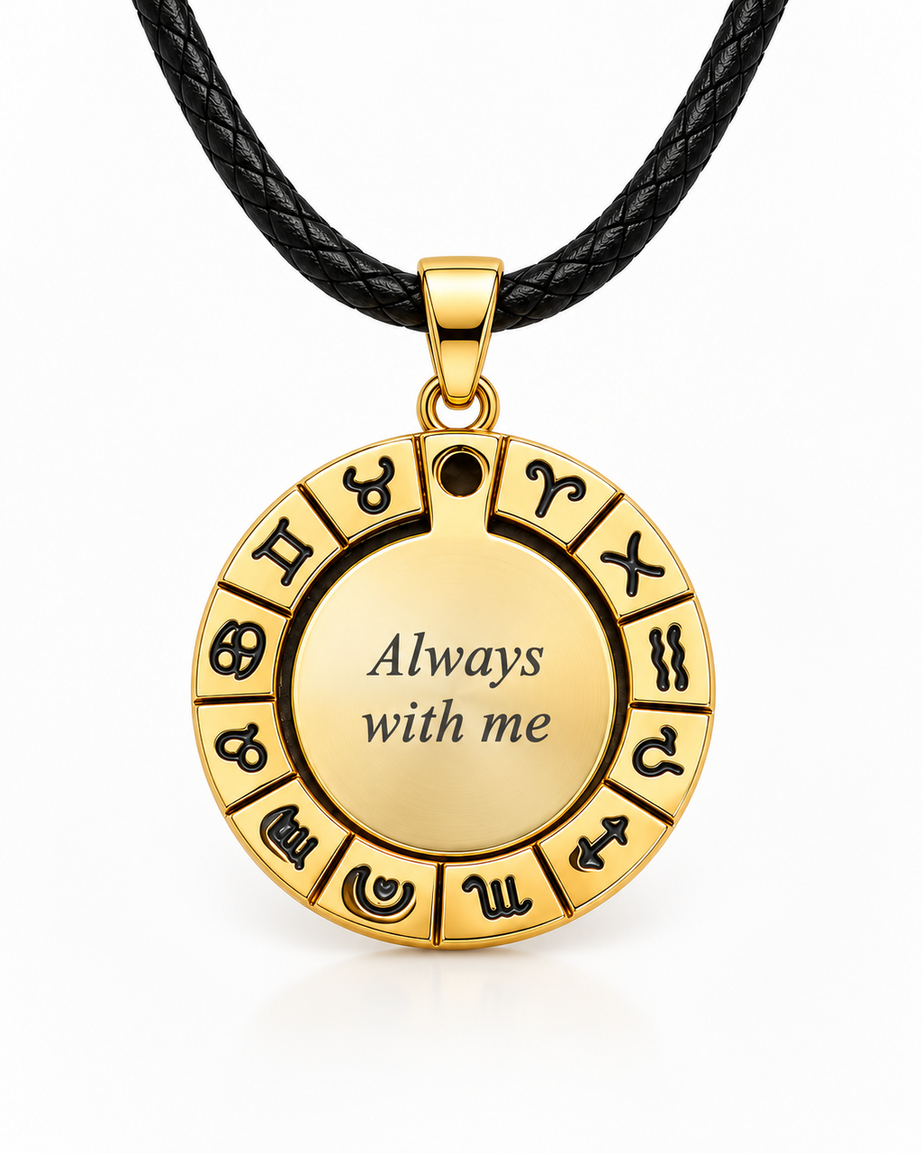 Gold-coloured zodiac pendant with black leather cord and memorial text engraving