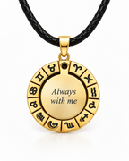 Gold-coloured zodiac pendant with black leather cord and memorial text engraving