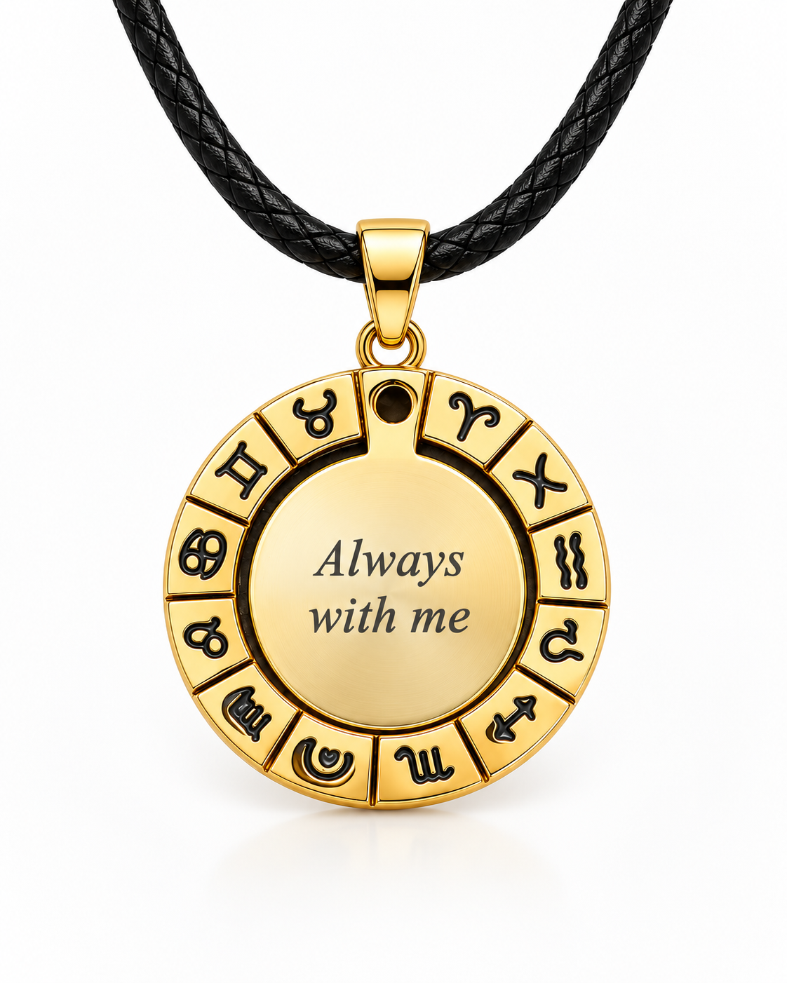 Gold-coloured zodiac pendant with black leather cord and memorial text engraving