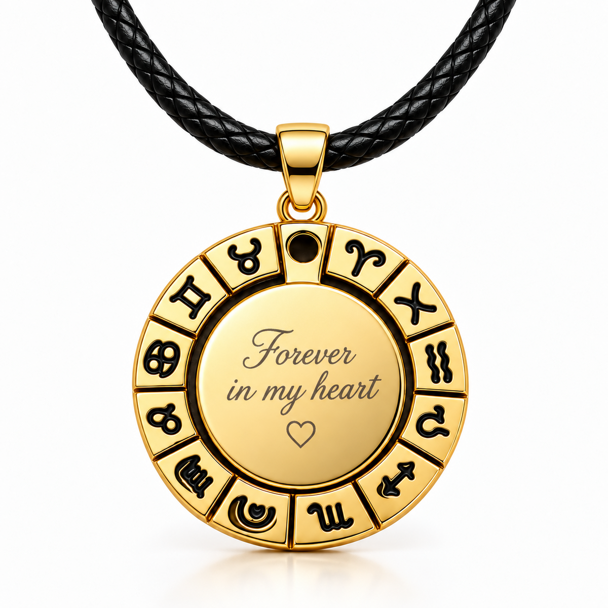 Gold-coloured zodiac pendant with black leather cord and personalized text engraving