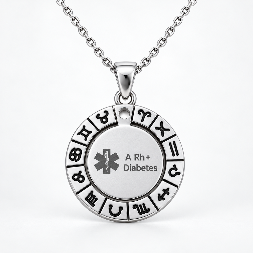 Silver-coloured zodiac pendant with stainless steel chain and medical information engraving