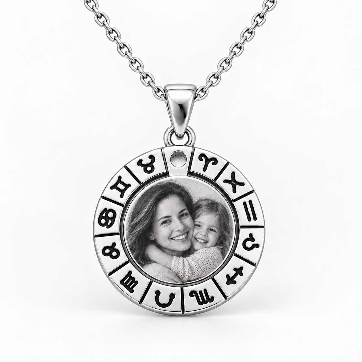 Silver-coloured zodiac pendant with stainless steel chain and personalized photo engraving
