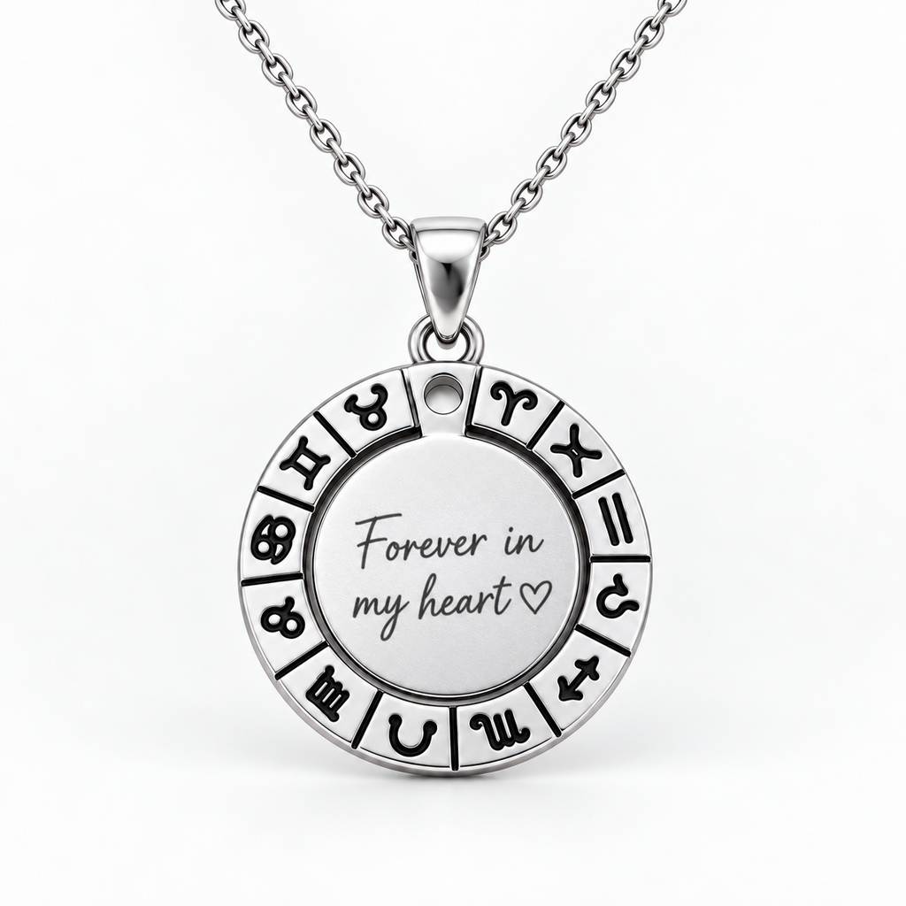 Silver-coloured zodiac pendant with stainless steel chain and personalized text engraving