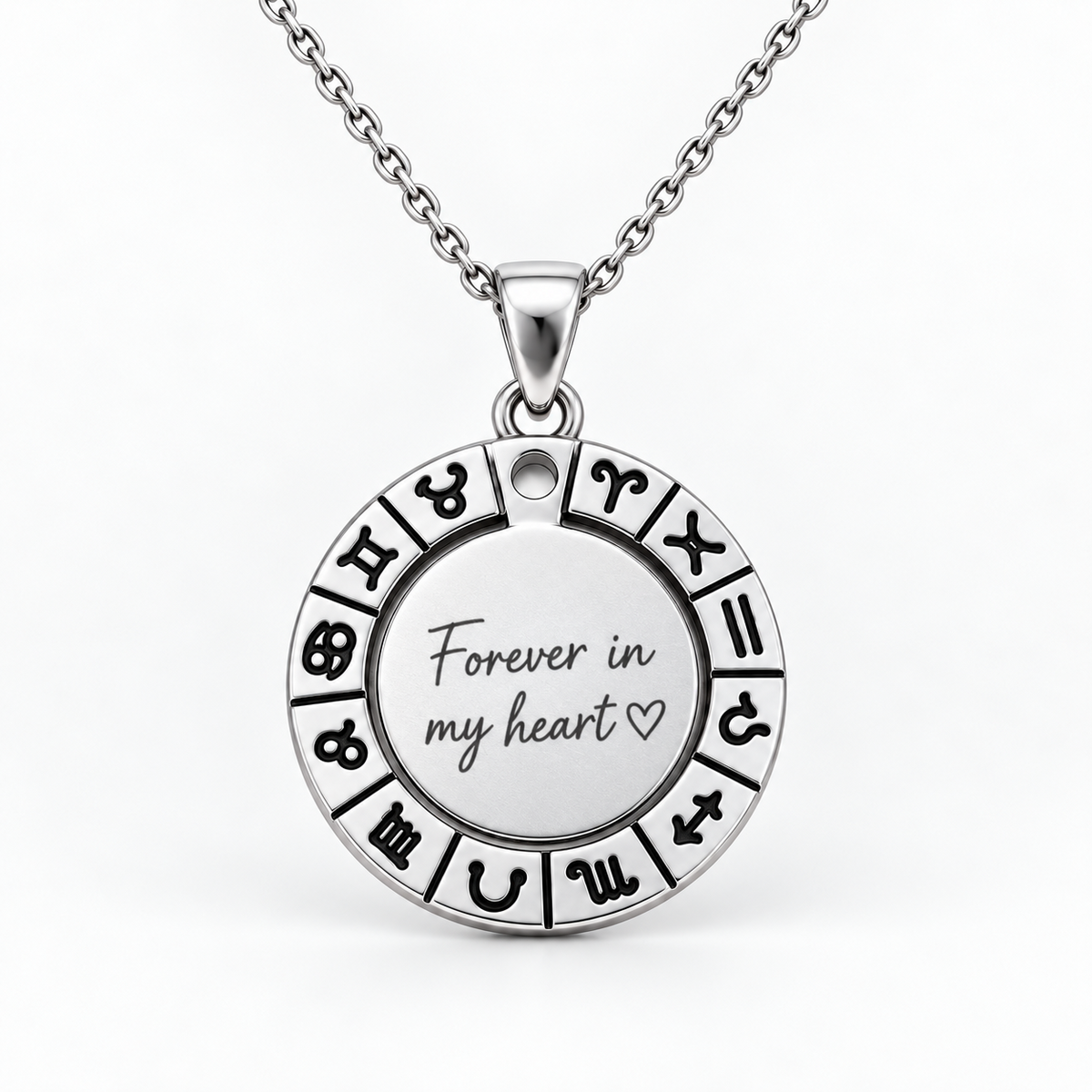 Silver-coloured zodiac pendant with stainless steel chain and personalized text engraving
