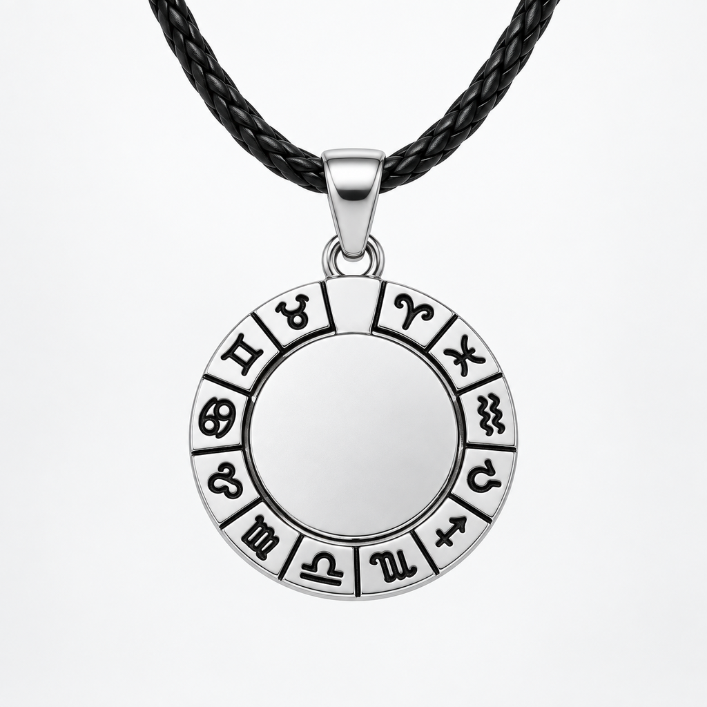 Silver-coloured zodiac engraving pendant with black leather cord