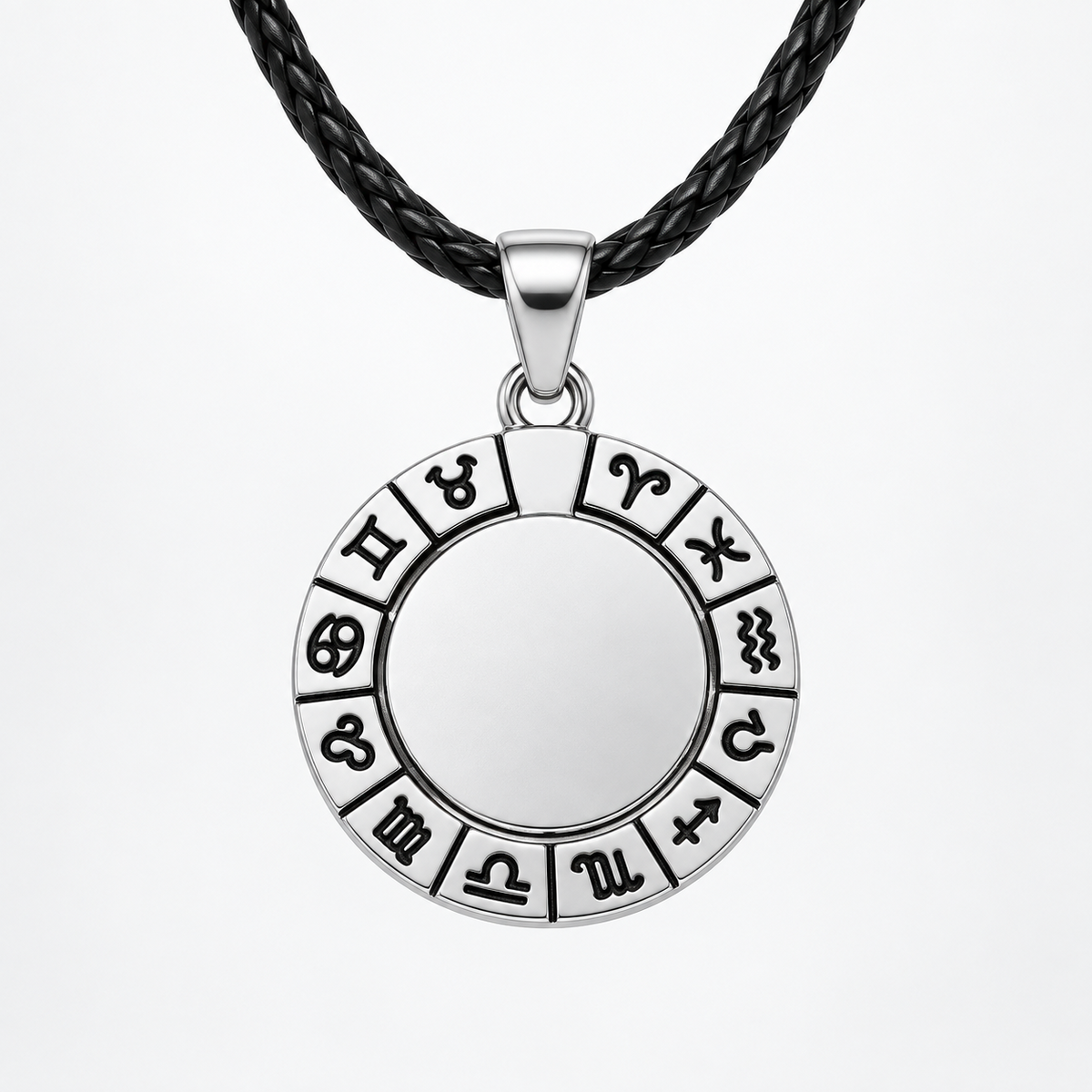 Silver-coloured zodiac engraving pendant with black leather cord