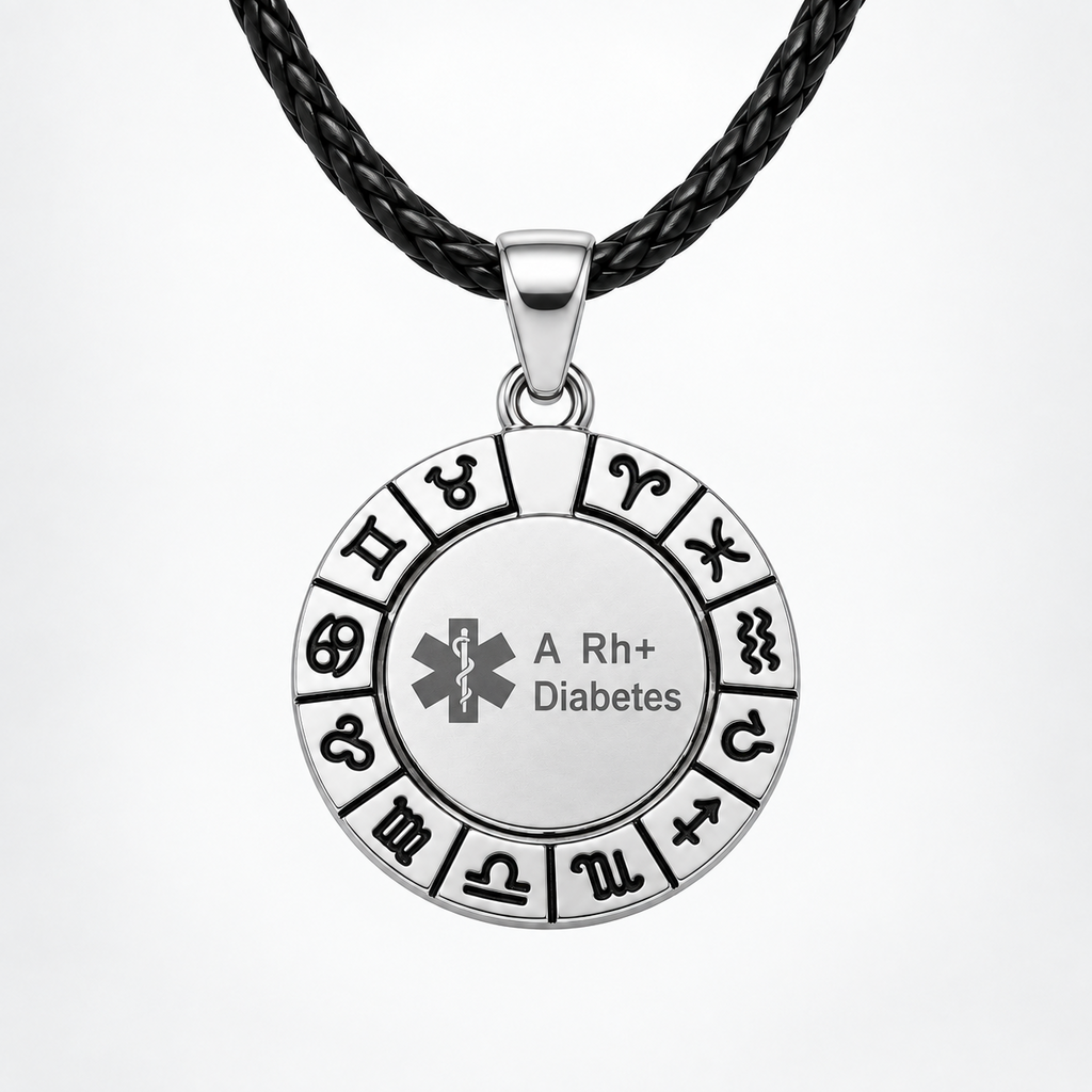 Silver-coloured zodiac pendant with black leather cord and medical information engraving