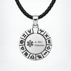 Silver-coloured zodiac pendant with black leather cord and medical information engraving
