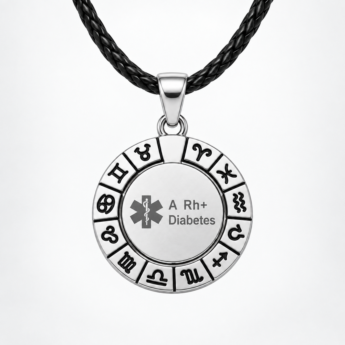 Silver-coloured zodiac pendant with black leather cord and medical information engraving
