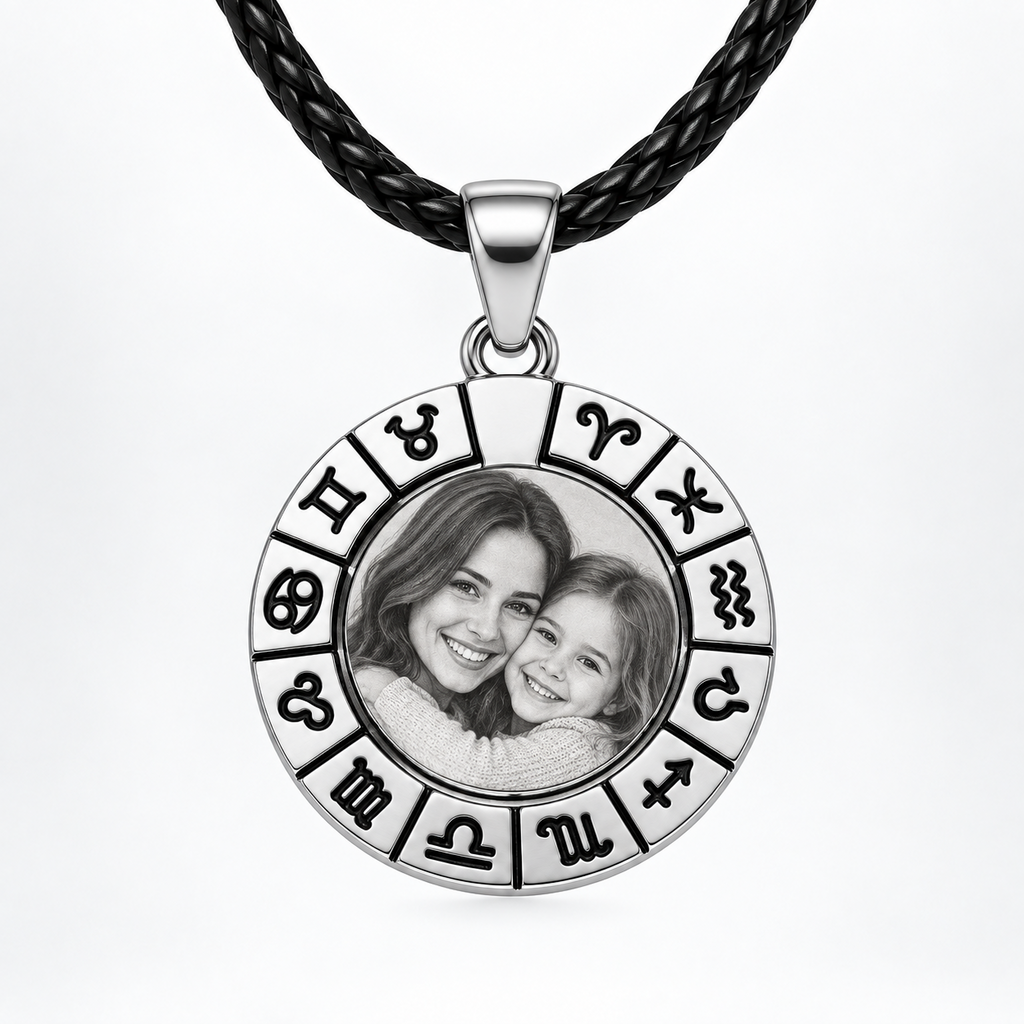 Silver-coloured zodiac pendant with black leather cord and personalized photo engraving