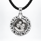 Silver-coloured zodiac pendant with black leather cord and personalized photo engraving