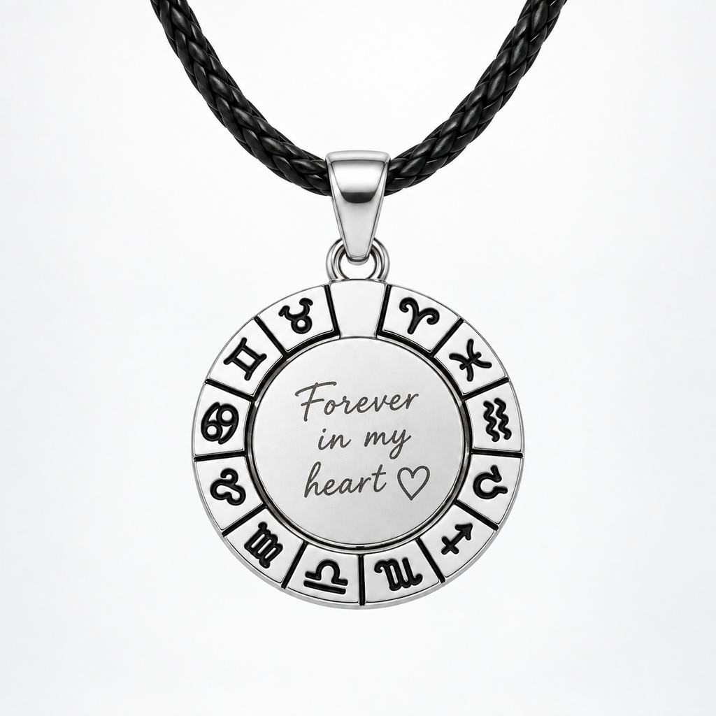 Silver-coloured zodiac pendant with black leather cord and personalized text engraving