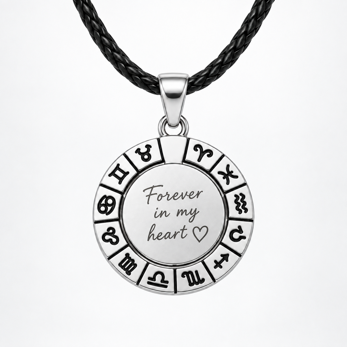 Silver-coloured zodiac pendant with black leather cord and personalized text engraving